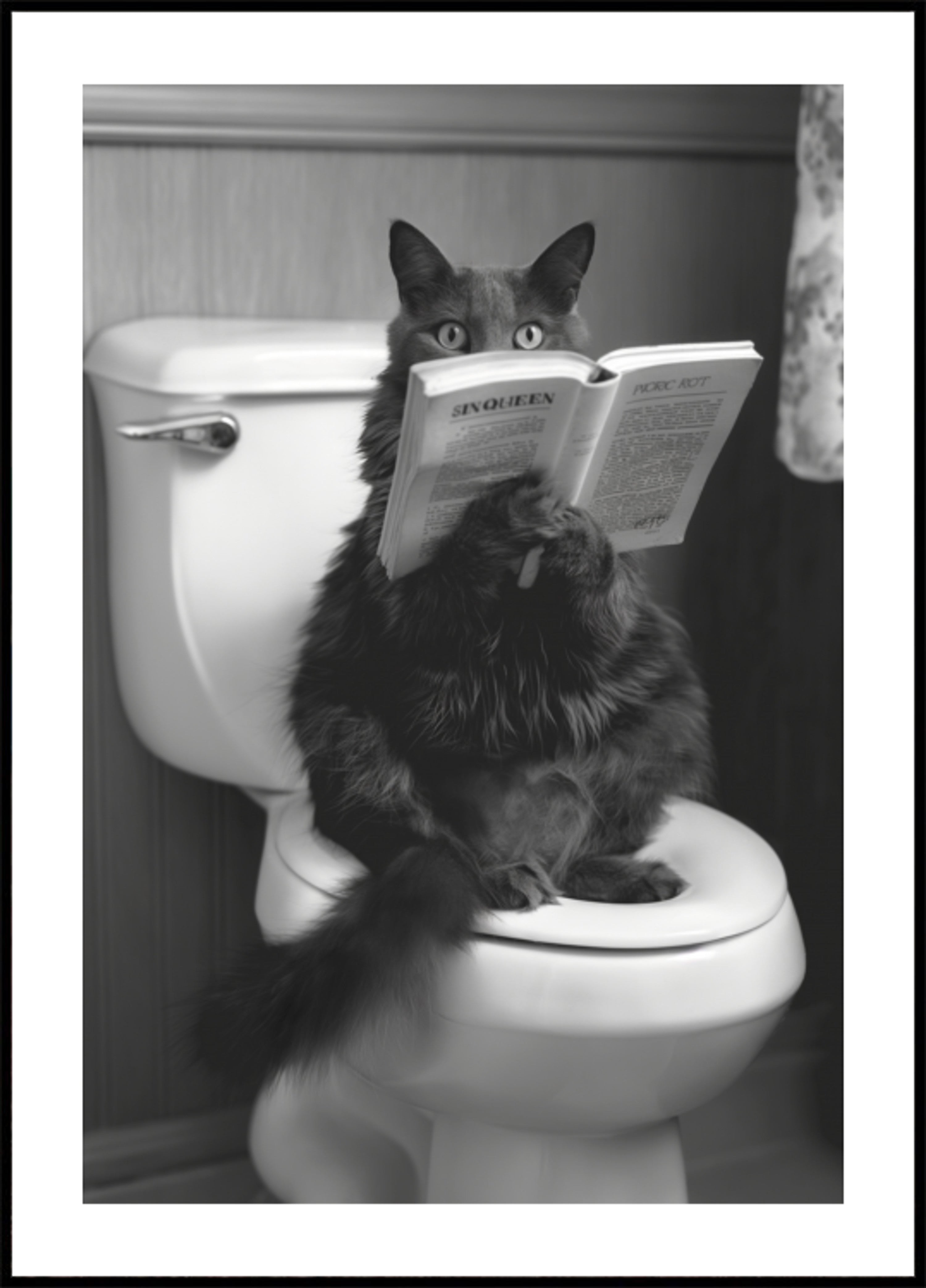 Gatto che legge sulla toilette