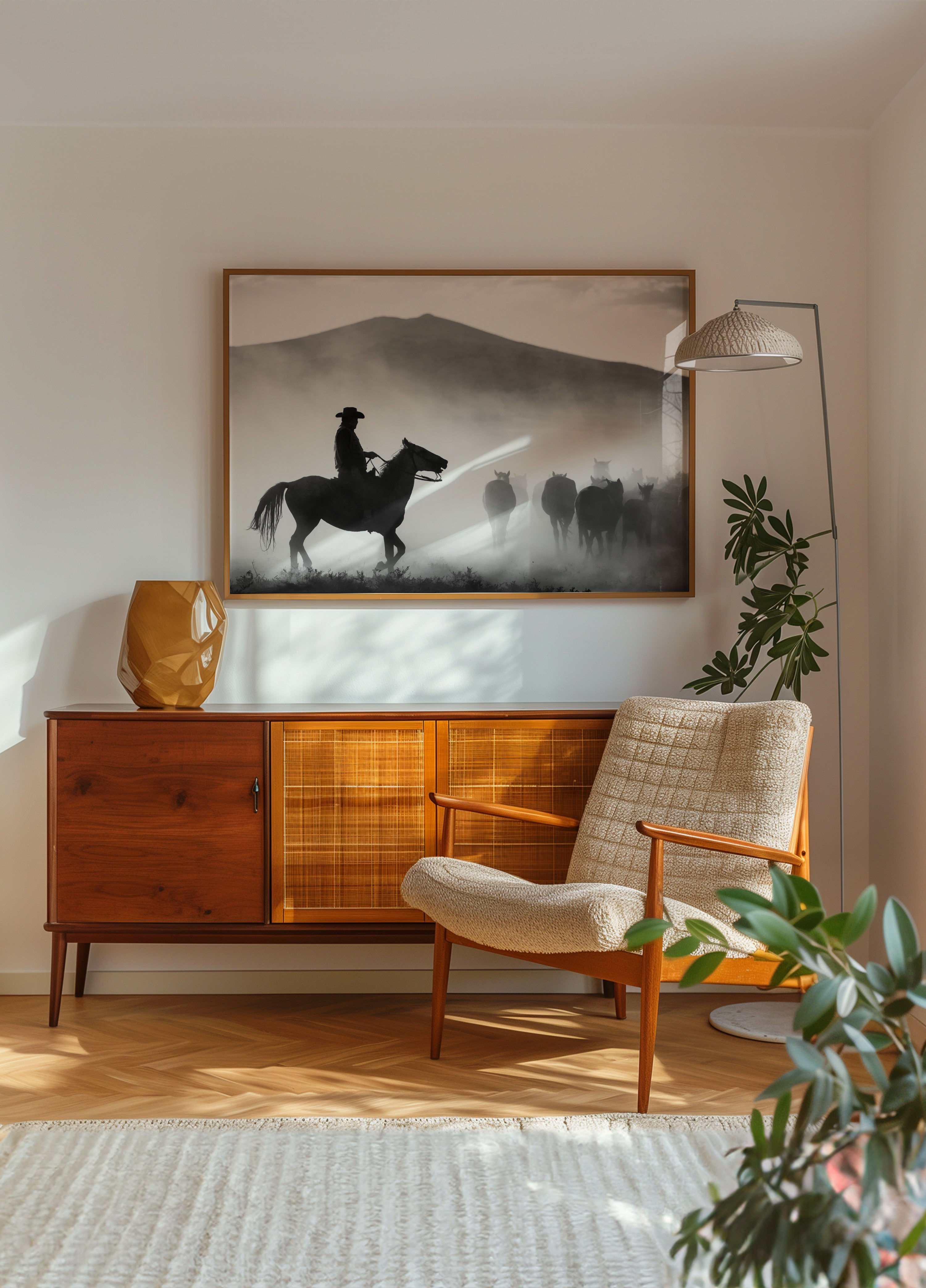 Cowboy che raduna i cavalli