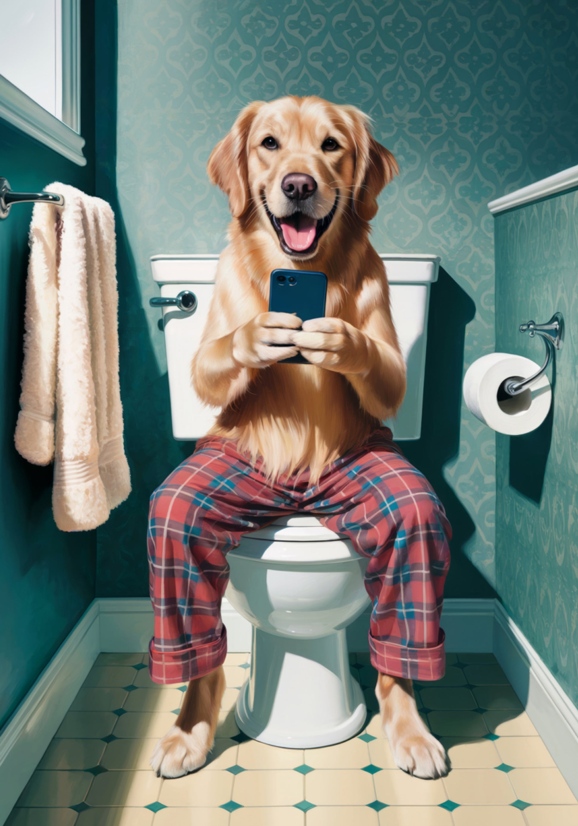 Cane divertente sulla toilette