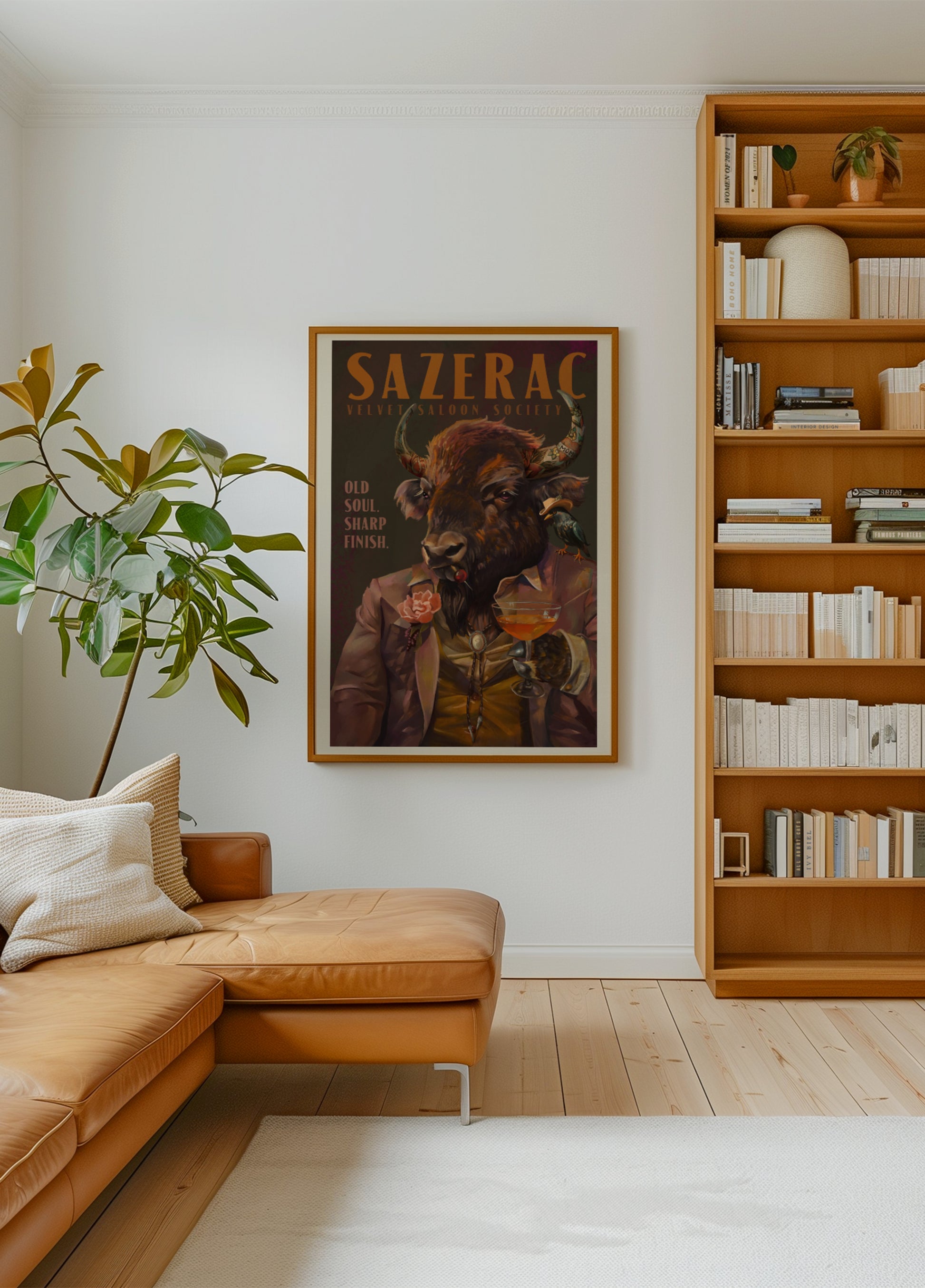 Buffalo che beve il cocktail Sazerac. Barretta di alcolici e liquori art