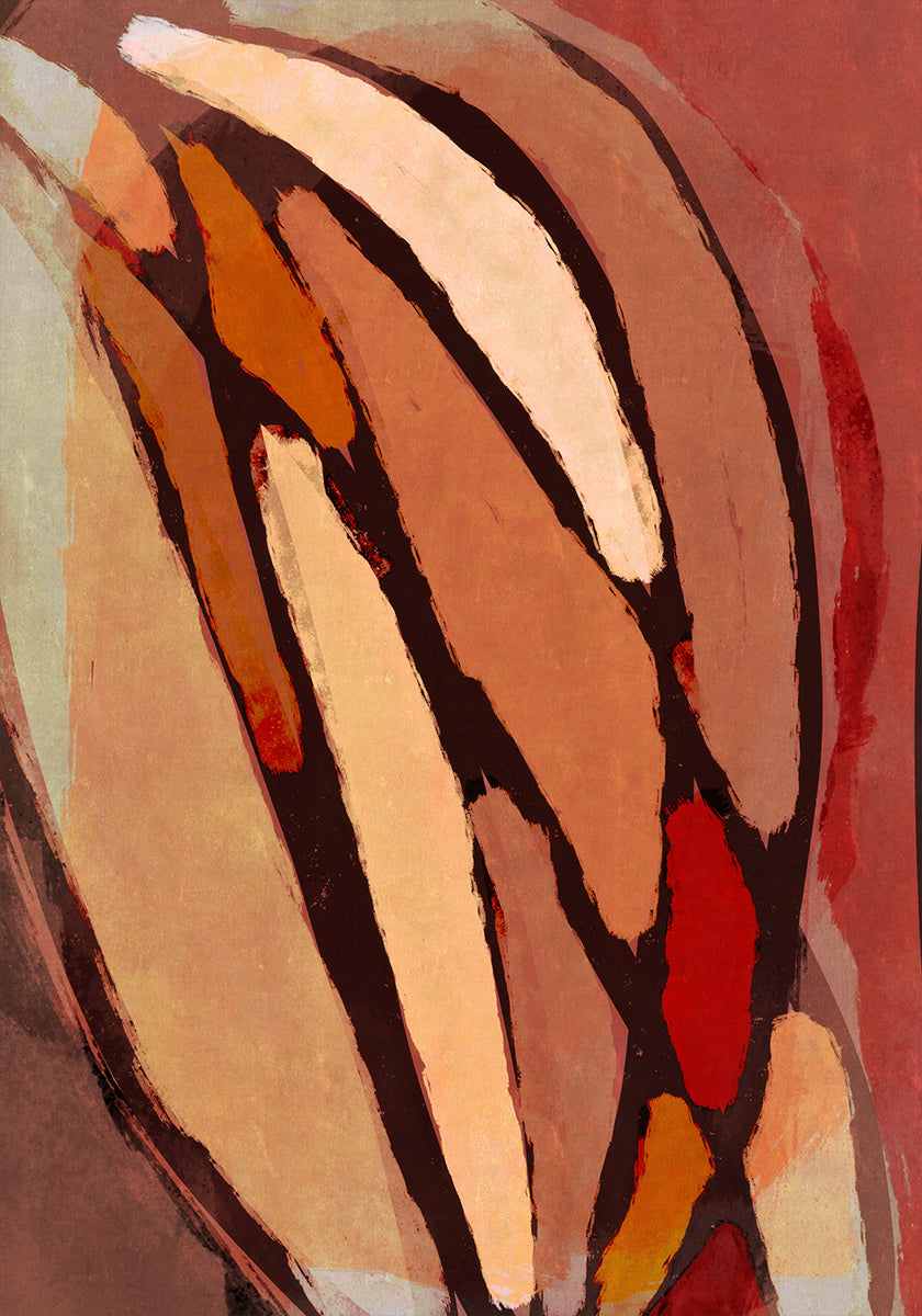 L'immagine è un dipinto astratto con forme audaci e sovrapposte in varie tonalità di marrone, arancione e rosso. La composizione crea un'opera d'arte astratta dinamica e di grande impatto visivo.
