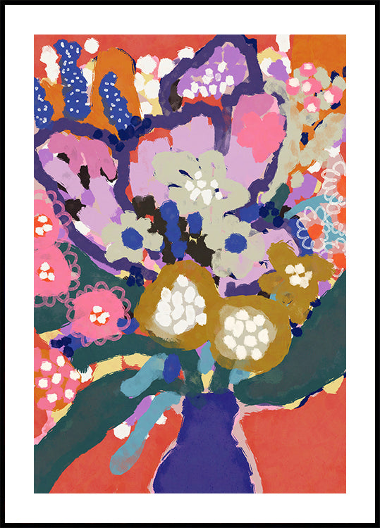 L'immagine è un dipinto astratto vivace e colorato con una varietà di fiori e foglie in una varietà di colori, comprese sfumature di rosa, blu, verde e giallo. Il dipinto è incorniciato in una cornice nera, che contrasta con i colori vivaci e vivaci dell'opera d'arte.