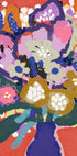 L'immagine è un dipinto astratto vivace e colorato con una varietà di fiori e foglie in una varietà di colori, comprese sfumature di rosa, blu, verde e giallo. Il dipinto è una composizione vivace e dinamica, con pennellate audaci e un senso di energia e movimento.