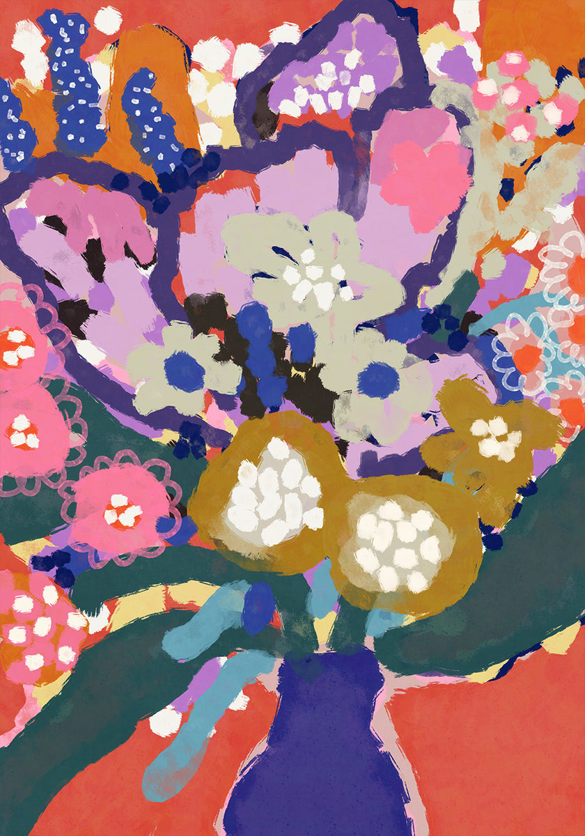 L'immagine è un dipinto astratto vivace e colorato con una varietà di fiori e foglie in una varietà di colori, comprese sfumature di rosa, blu, verde e giallo. Il dipinto è una composizione vivace e dinamica, con pennellate audaci e un senso di energia e movimento.